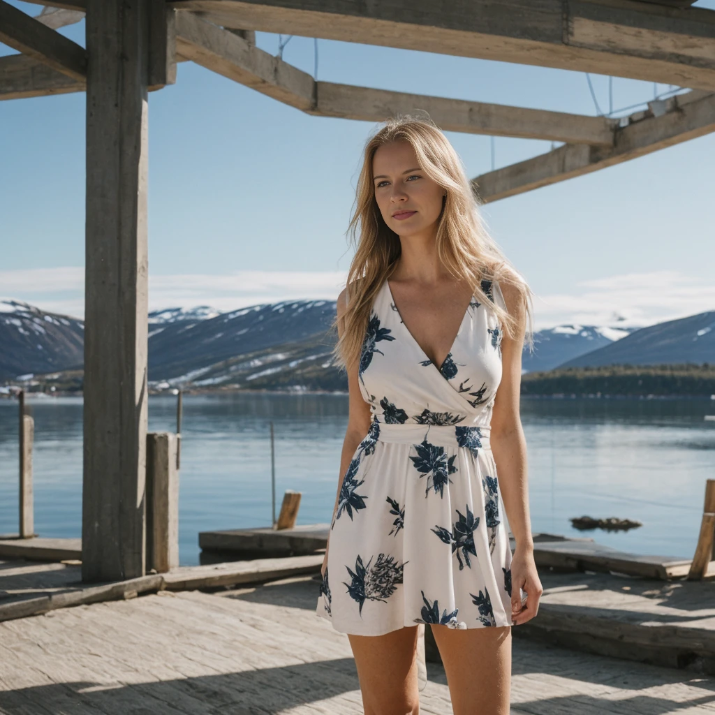 1girl, solo, natural skin, Caucasian wavy blonde, (Norwegian woman), (Norwegian ordinary woman), (30-year-old woman, body of 30-year-old Norwegian woman, 30-year-old Norwegian features), (full body shot), (MILF), curvy, big boobies, she is Ingrid Bjørnsdottir, consistent image, a 30-year-old Norwegian woman living in the sunny picturesque town of Tromsø, she is outdoor and posing for a candid photo, she is wearing typical white printed dress