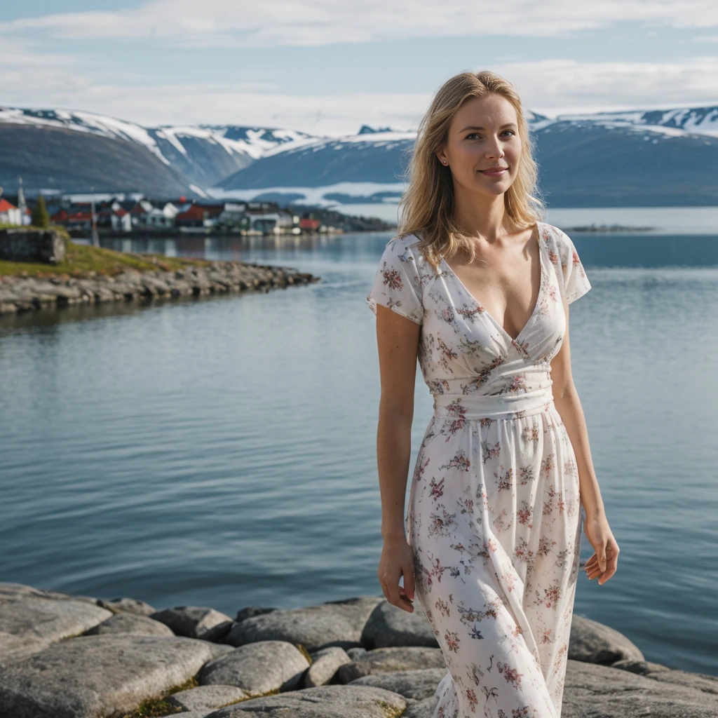 1girl, solo, natural skin, Caucasian wavy blonde, (Norwegian woman), (Norwegian ordinary woman), (30-year-old woman, body of 30-year-old Norwegian woman, 30-year-old Norwegian features), (full body shot), (MILF), curvy, big boobies, she is Ingrid Bjørnsdottir, consistent image, a 30-year-old Norwegian woman living in the sunny picturesque town of Tromsø, she is outdoor and posing for a candid photo, she is wearing typical white printed dress