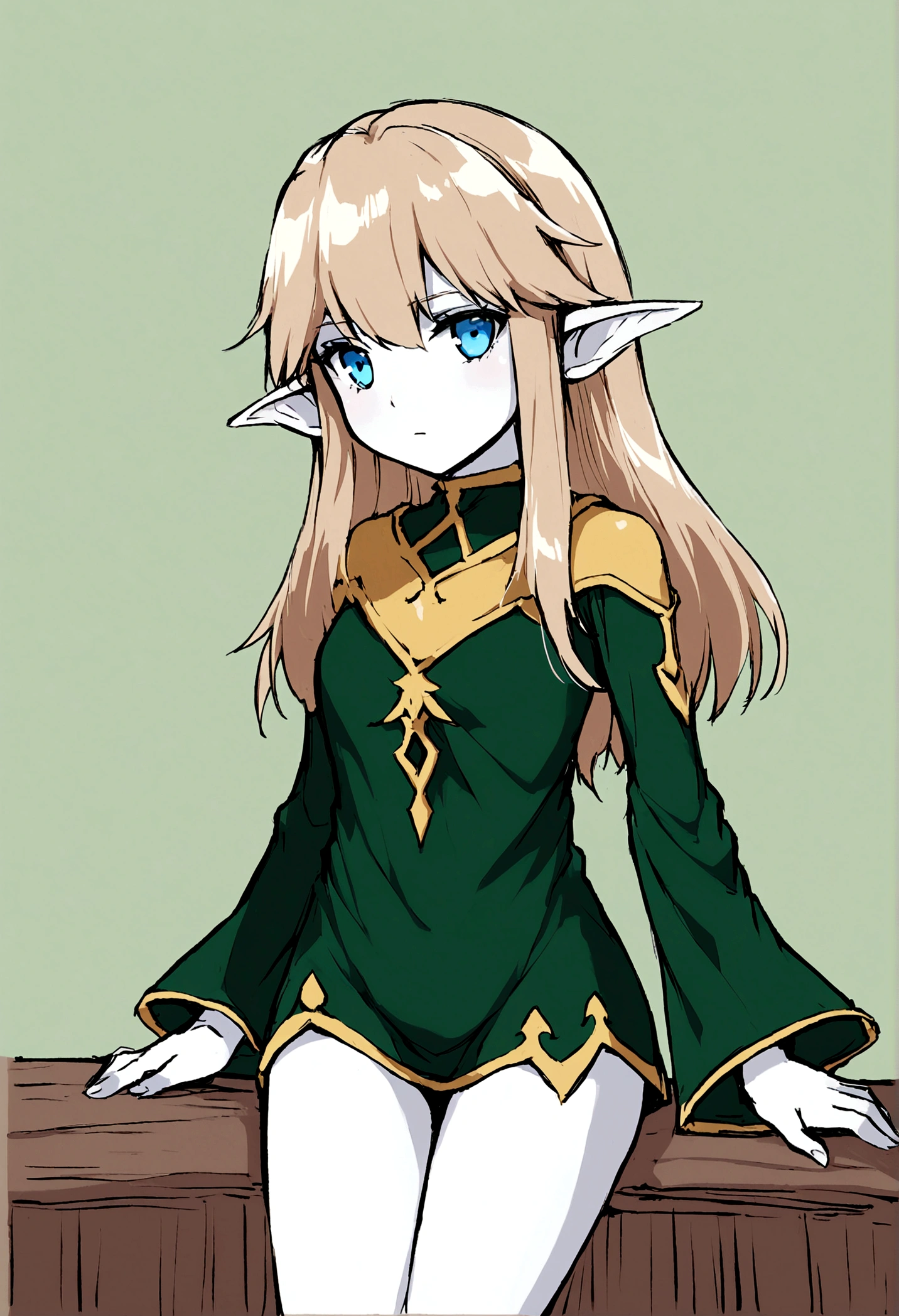 Young elven woman, long brown hair, pale skin, blue eyes, short clothes, short, dark fantasy, long ears, friendy, roughly drawn