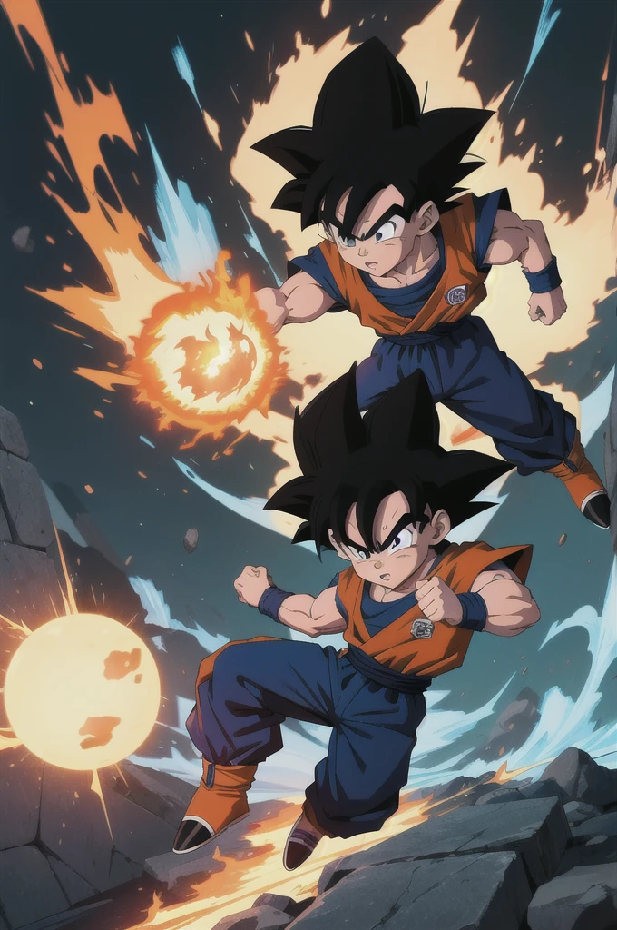 Manga style, illustration, line art style, high quality, manga masterpiece, highres, very detailed, digital illustration, small ??? Goku, Dragonball, black hair, spiked hair, real goku clothes orange color, black belt and black shoes, fire ball, Goku destroying Vegeta in a combat, dougi, 2 male , outdoors,fighting,