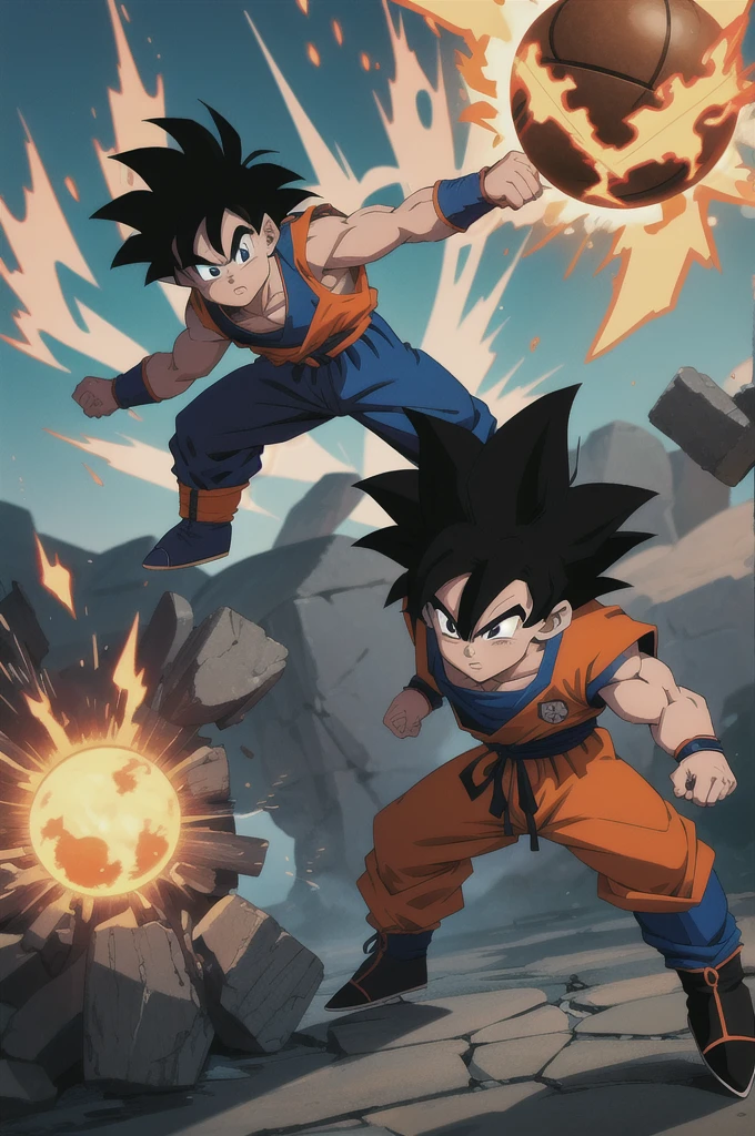 Manga style, illustration, line art style, high quality, manga masterpiece, highres, very detailed, digital illustration, small ??? Goku, Dragonball, black hair, spiked hair, real goku clothes orange color, black belt and black shoes, fire ball, Goku destroying Vegeta in a combat, dougi, 2 male , outdoors,fighting,
