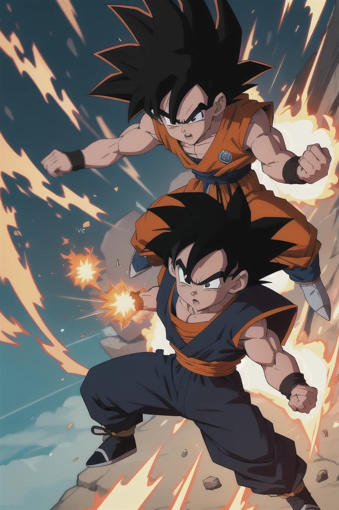 Manga style, illustration, line art style, high quality, manga masterpiece, highres, very detailed, digital illustration, small Kid Goku, Dragonball, black hair, spiked hair, real goku clothes orange color, black belt and black shoes, fire ball, Goku destroying Vegeta in a combat, dougi, 2 male , outdoors,fighting,