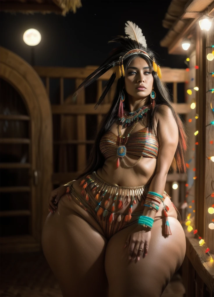 Beautiful Cherokee Indian woman with beautiful terracotta colored headdresses, blackw, doradas, cobre, Pearl, white and beige, feathers made of bright neon of various colors, flares on camera, bokeh, full moon night