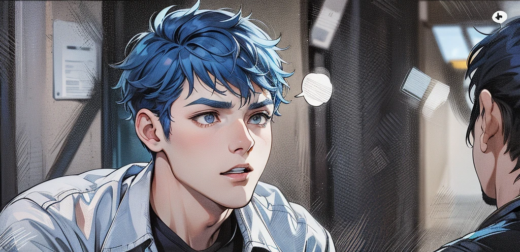 two cute boys with blue hair and the other with black hair are talking to him with concern, something bad is happening.