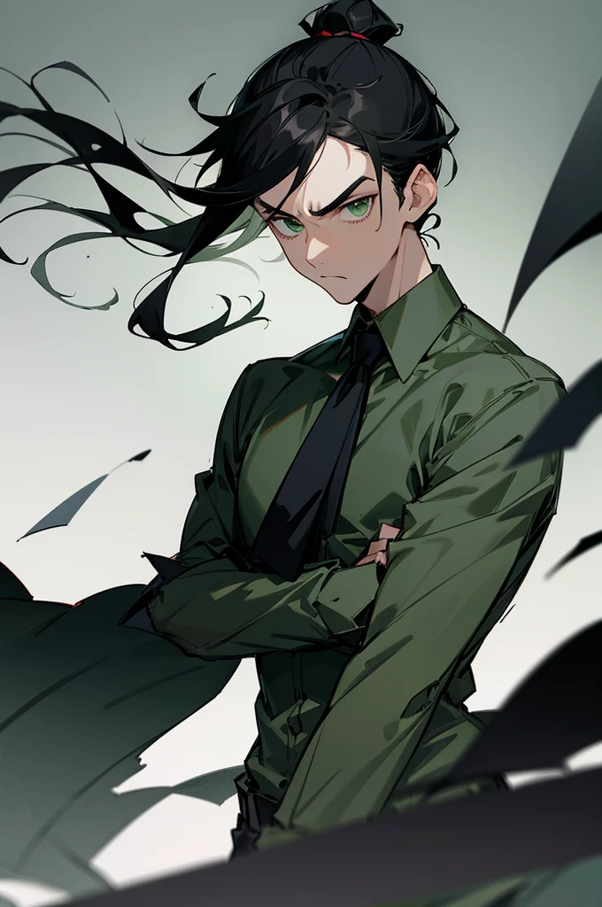 man bun, medium length hair, green eyes, green collared shirt, black hair, serious face, upper body only, city background, dark black hair, charcoal colored hair, BLACK HAIR