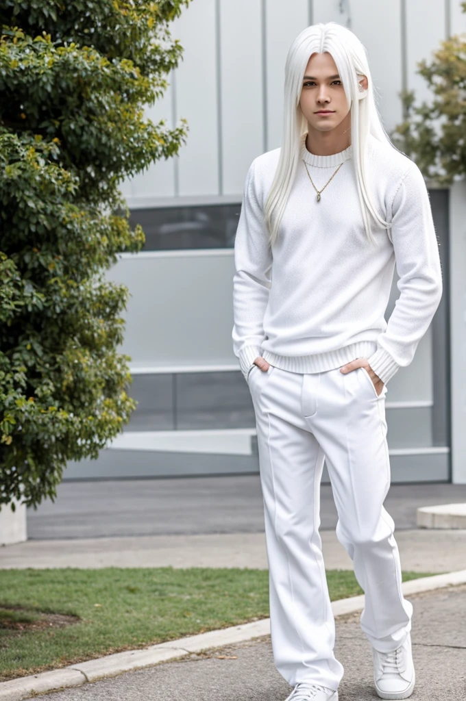 anime boy,Long white hair,White sweater,with full body,white flared pants