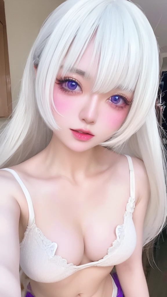 masterpiece, Highest quality, 4K, Ultra-high resolution, mishoujo, Painting, Beautiful eyes and a beautiful face, shape, Beautiful details, high resolution shape, Shine_white_particle, One Girl, white hair, Light purple eyes, 、Large Breasts、belly button、Japanese、Japanese Idols