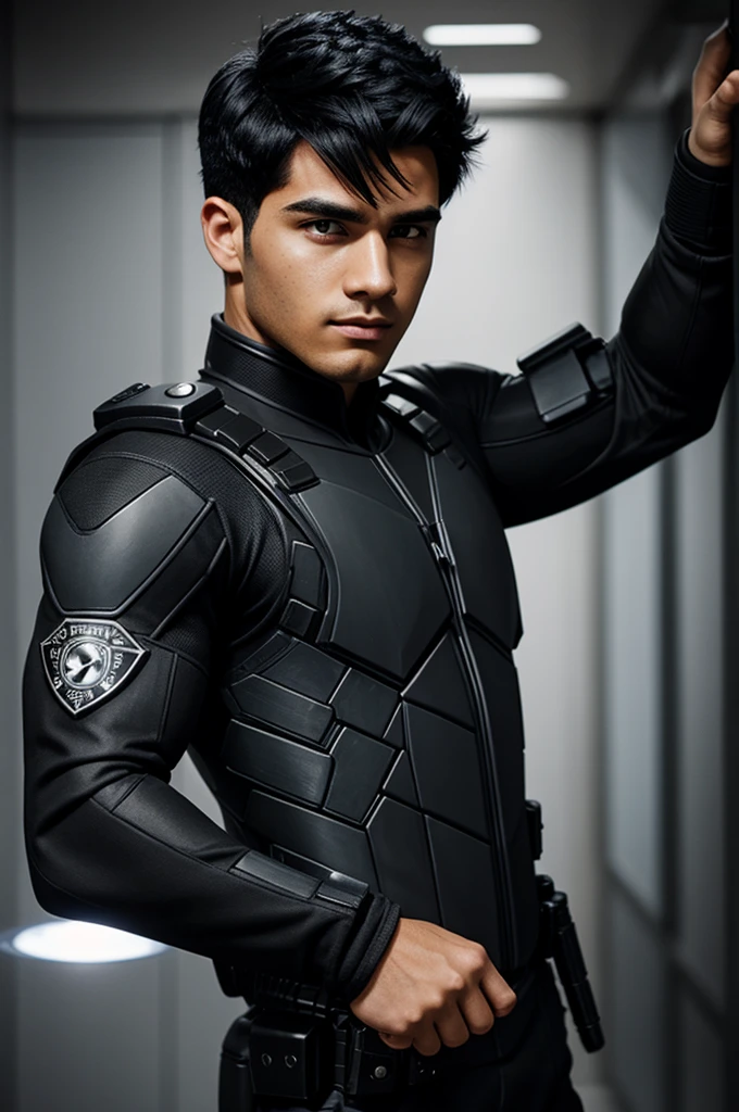 23 year old male, short black and white hair, black eyes, detective suit, light skinned