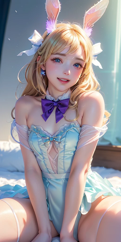 masterpiece, best quality, extremely detailed CG unity 8k wallpaper,((Upper Body)) ,((Upper Body head close-up shot of a beautiful ta girl)), , Elegant Long straight blonde hair, (Mckenna Grace), ((flat chest,thighs,Autoluminescence skin)),Transparent (purple-green) golden (Glittering tutu,long Bunny Ear Headgear, , Bow-tie, No panties, genitals visible), ((sitting,spread legs)),(), (Blush), , (seductive smile), (A world of ice and snow), pretty face, key art, award winning, intricate detail realism hdr, by (ruan jia and artgerm and range murata), Photorealism, Hyperrealism, ultra realistic, dramatic light, intense shadows, gorgeous view, depth of field
