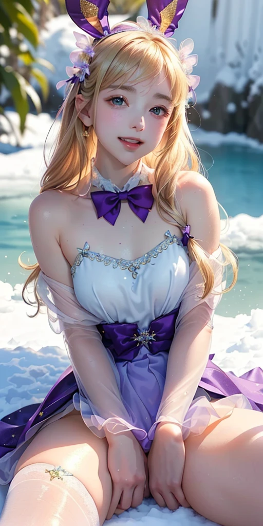 masterpiece, best quality, extremely detailed CG unity 8k wallpaper,((Upper Body)) ,((Upper Body head close-up shot of a beautiful Lolita girl)), , Elegant Long straight blonde hair, (Mckenna Grace), ((flat chest,thighs,Autoluminescence skin)),Transparent (purple-green) golden (Glittering tutu,long Bunny Ear Headgear, , Bow-tie, No panties, genitals visible), ((sitting,spread legs)),(), (Blush), , (seductive smile), (A world of ice and snow), pretty face, key art, award winning, intricate detail realism hdr, by (ruan jia and artgerm and range murata), Photorealism, Hyperrealism, ultra realistic, dramatic light, intense shadows, gorgeous view, depth of field