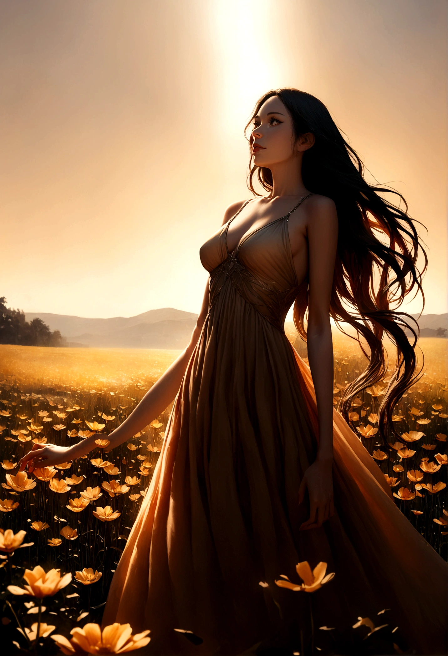 (realistic ultra details), lumino, a woman standing in a field of flowers, beautiful detailed eyes, beautiful detailed lips, extremely detailed face, long eyelashes, romantic expression, elegant long dress, flowing hair, soft lighting, natural landscape, golden hour, warm color tones, photorealistic, 8k, masterpiece