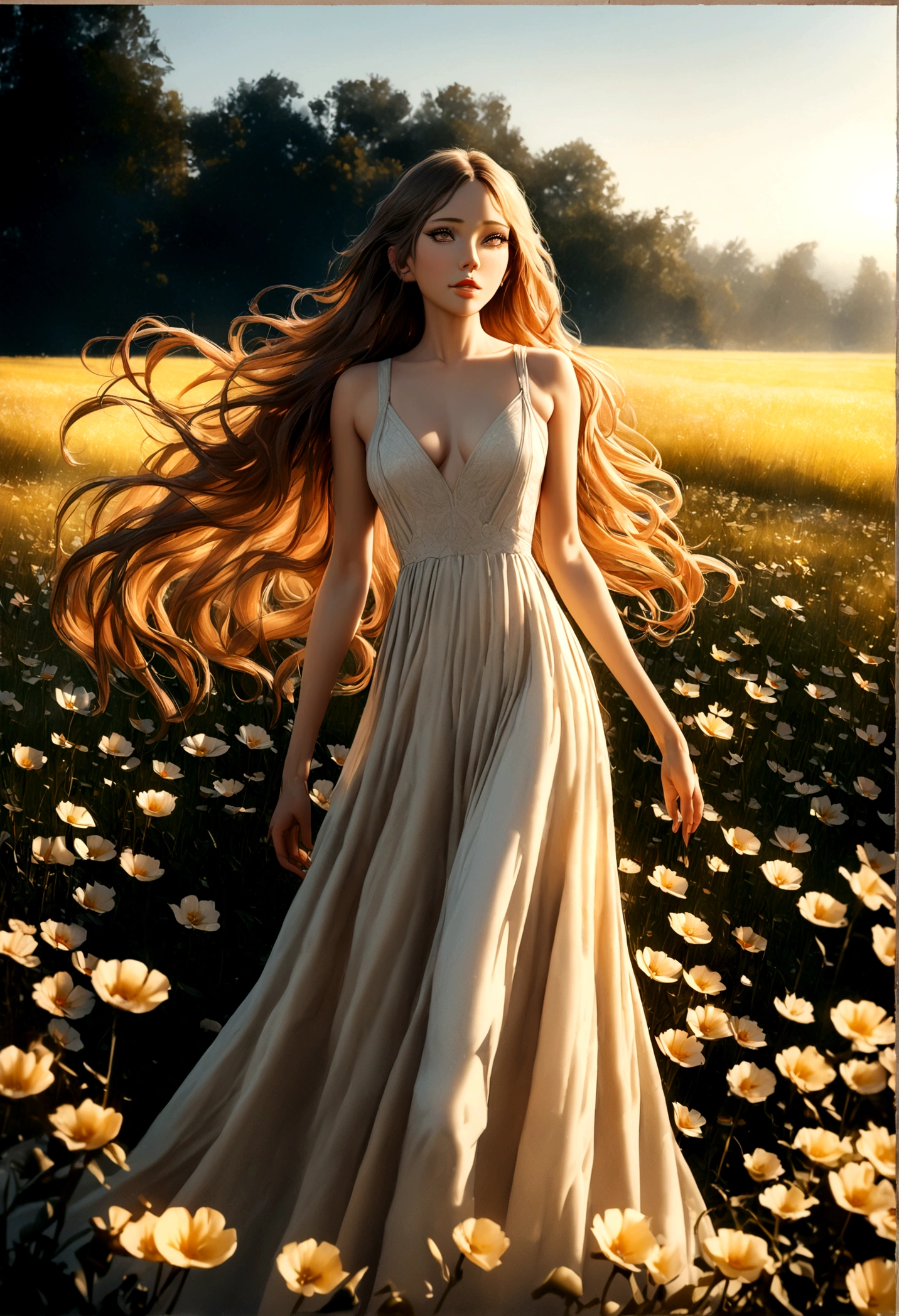 (realistic ultra details), lumino, a woman standing in a field of flowers, beautiful detailed eyes, beautiful detailed lips, extremely detailed face, long eyelashes, romantic expression, elegant long dress, flowing hair, soft lighting, natural landscape, golden hour, warm color tones, photorealistic, 8k, masterpiece