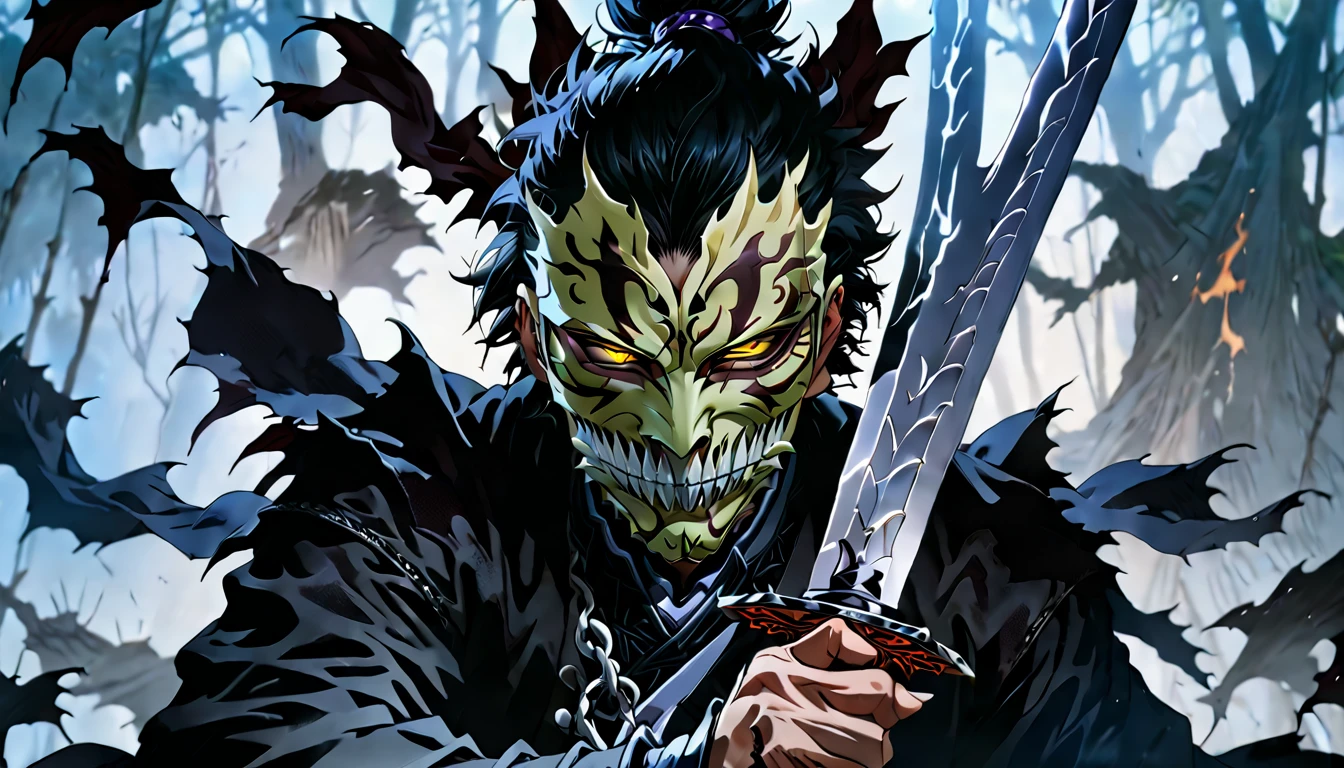 demon mask, sword on the hand,close up, black heavy detailed clothes, hand katana, art, dark and malevolent, hand sword, armor, powerful and intimidating, (masterpiece, best quality, ultra-detailed, best shadow), (detailed background, dark fantasy) dramatic light, intricate details, dark and malevolent, powerful and intimidating, Dark and foreboding, malevolent force, sinister and chilling, armor, high detailed background, girl in demon slayer art, demon slayer art style, epic anime art, God death