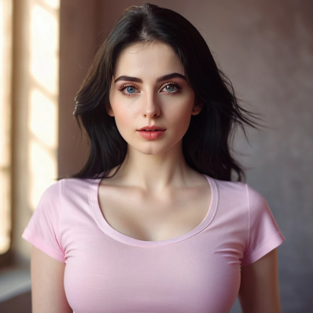 (((ultra realistic))) Photo, masterpiece, top quality, (pale skin), (Ultra detailed face and eyes:1.3), 1 girl, Adult, in a T-shirt, full body, (Eye makeup, mascara) , ((large detailed lips)), ((black hair)), ((Chyolka)) , (Natural breasts), Slim waist. ((Posing)), photoshoot, studio (soft lighting), (The play of light and shadows), depth of field, bokeh, (special attention to skin detail: 1.2), Detailed leather texture, skin pores. (Airy atmosphere of the frame. Color range - delicate, Bright, white, Pink tones), UDR, ((Film grain)), ((rays)), ((glare of the sun)), ((waist up portrait, close to the camera)) , ultra detialed, armenian woman, 24 years old