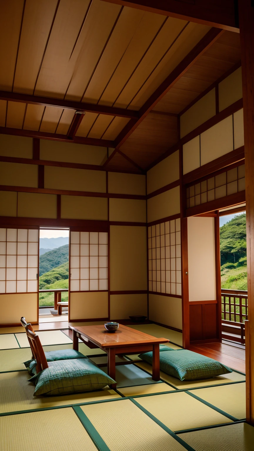 Generate an image of the interior of a traditional Japanese kominka house. The room should have tatami mats and sliding shoji doors. Through the open shoji doors, show a view of the countryside with lush green fields, gently rolling hills, and a clear blue sky. Include two low rattan chairs positioned near the doorway with a small table holding teacups between them. The overall atmosphere should be serene and peaceful, capturing the essence of rural Japan