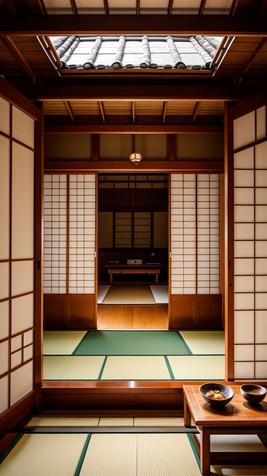 Generate an image of the interior of a traditional Japanese kominka house. The room should have tatami mats and sliding shoji doors. Through the open shoji doors, show a view of the countryside with lush green fields, gently rolling hills, and a clear blue sky. Include two low rattan chairs positioned near the doorway with a small table holding teacups between them. The overall atmosphere should be serene and peaceful, capturing the essence of rural Japan