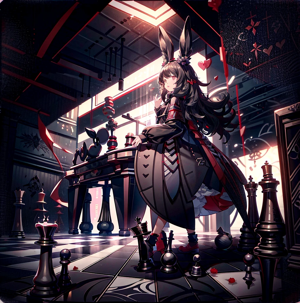 A girl，（Black long hair），Lively and bouncy，dynamic，Jumping，Squinting，[White background 1::5]，hands up，Bow，coat，Mini skirt，Black Silk，（Stand on a giant chess board），Black and white diamond tiles on the floor，indoor，Bunny ears，Black Wings，feather，Red rose