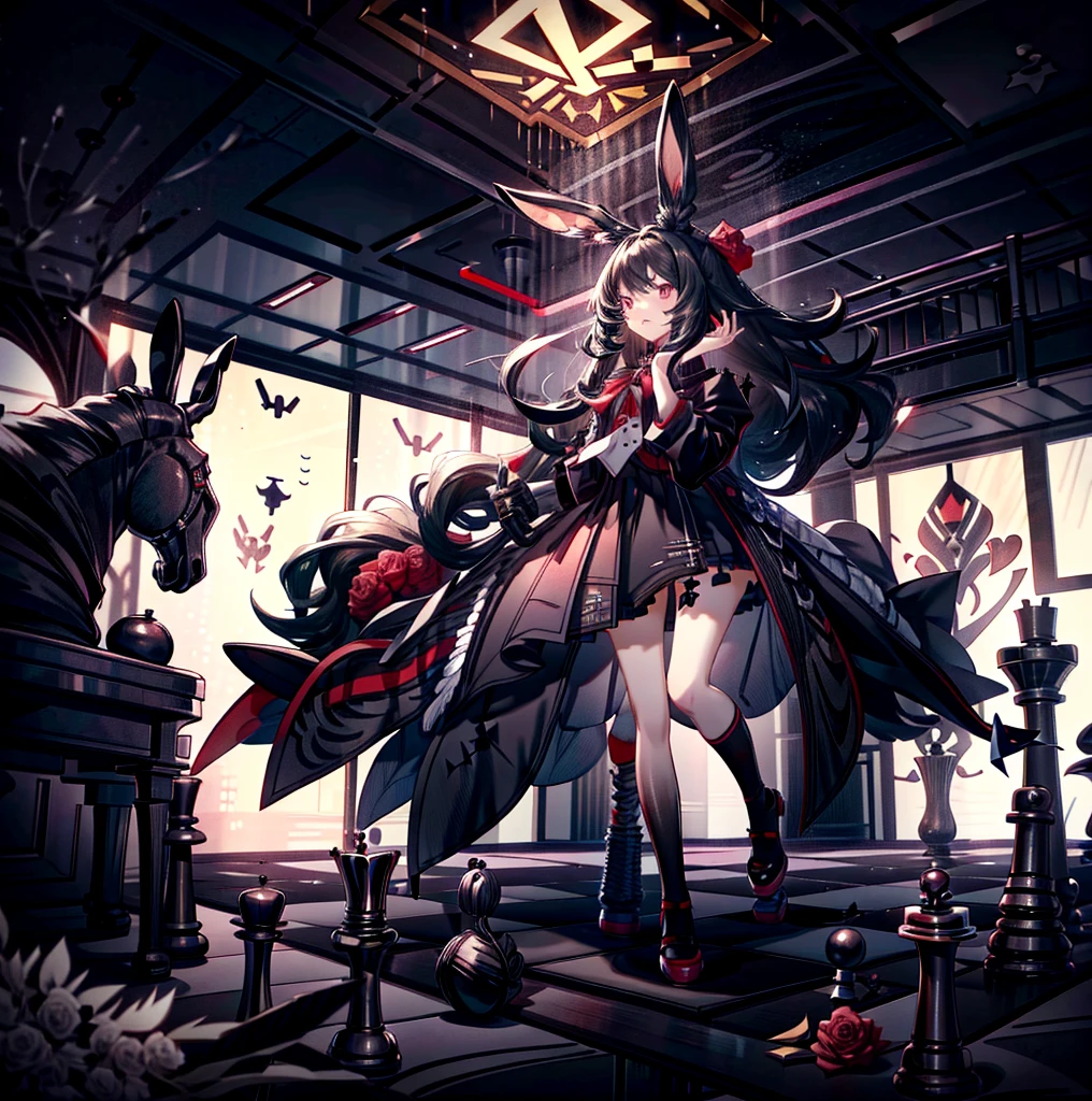 A girl，（Black long hair），Lively and bouncy，dynamic，Jumping，Squinting，[White background 1::5]，hands up，Bow，coat，Mini skirt，Black Silk，（Stand on a giant chess board），Black and white diamond tiles on the floor，indoor，Bunny ears，Black Wings，feather，Red rose