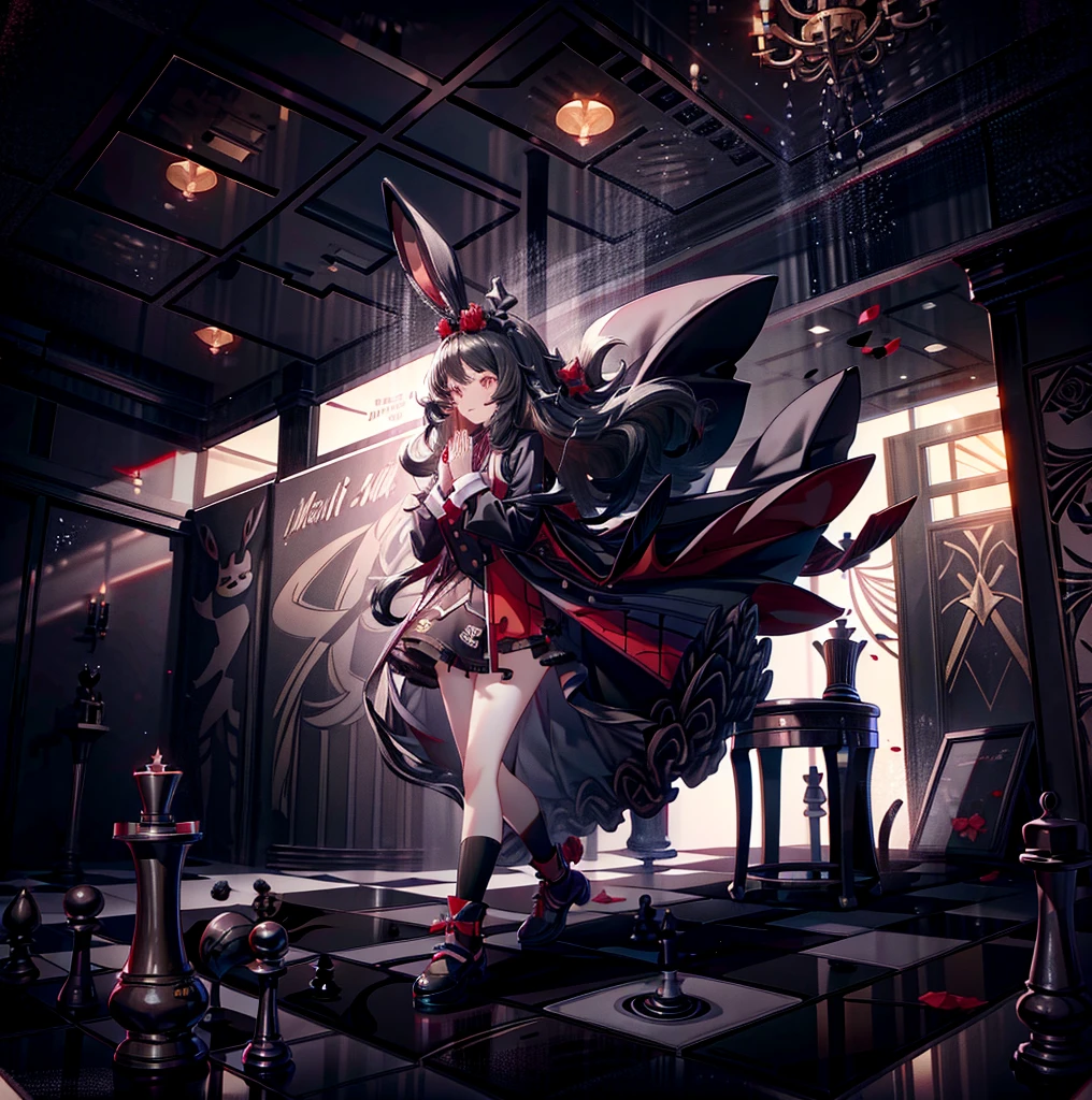 A girl，（Black long hair），Lively and bouncy，dynamic，Jumping，Squinting，[White background 1::5]，hands up，Bow，coat，Mini skirt，Black Silk，（Stand on a giant chess board），Black and white diamond tiles on the floor，indoor，Bunny ears，Black Wings，feather，Red rose