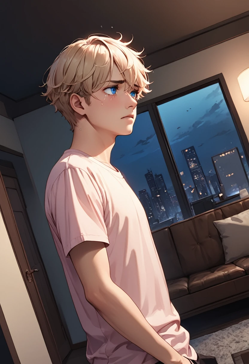 detailed illustration, dynamic angle, ultra-detailed, illustration, 1man, blue eyes, detailed eyes, short blonde hair, effeminate, light pink shirt, standing in living room, sad, tears, holding back, night
