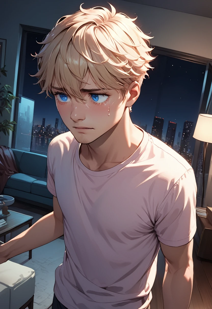 detailed illustration, dynamic angle, ultra-detailed, illustration, 1man, blue eyes, detailed eyes, short blonde hair, effeminate, light pink shirt, standing in living room, sad, tears, holding back, night