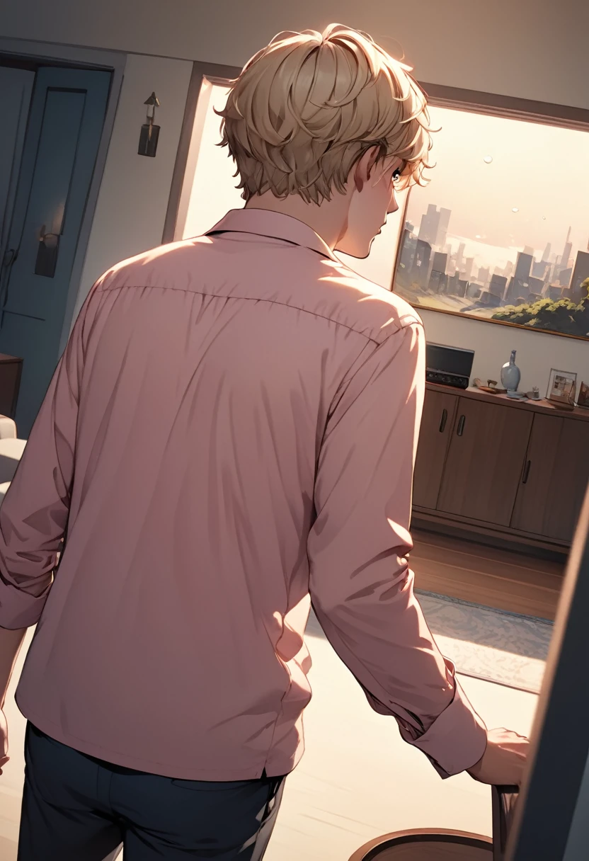 detailed illustration, dynamic angle, ultra-detailed, illustration, 1man, blue eyes, detailed eyes, short blonde hair, effeminate, light pink shirt, standing in living room, sad, tears, holding back, night