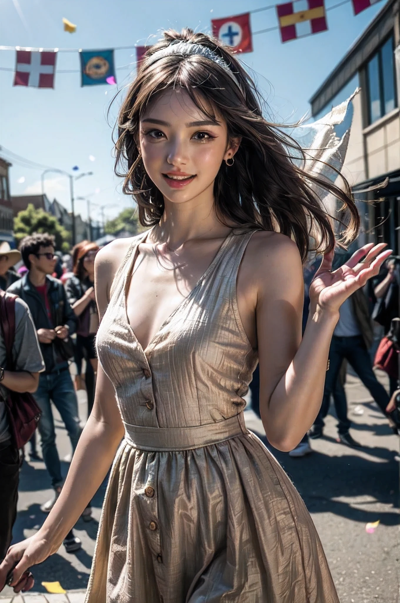(8K, top-quality, masterpiece:1.2), highres, extremely detailed, very cute and beautiful girl, (highly detailed beautiful face and eyes), horsetail hairstyle, detailed eye, extremely detailed face and skin, 1 small mole near the lip, ultra-detailliert, natural sunlight, 1 persons, 22 year old woman, detailed dark hair, hairband, small earrings, at the time of performance, very happy face, no bra, (laugh), festival in town street,(parade:1.2),(many people behind), flags, confetti in sky, outdoors, depth of field, cowboy shot, standing, dynamic pose, fullbody shot, jump, absurdres, intricate details, cinematic scene, detailed background, dynamic angle, hair fluttering in the wind