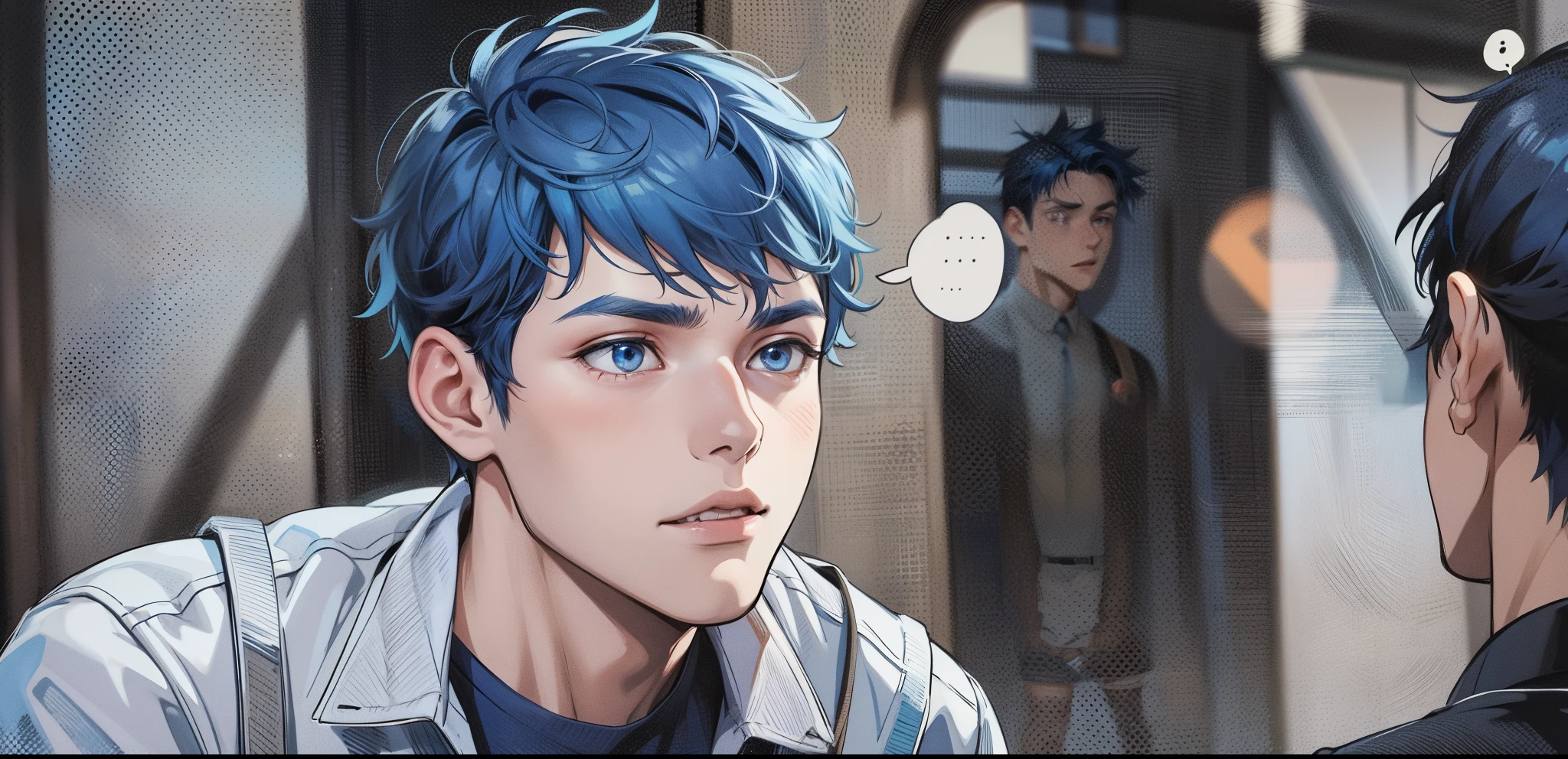 two cute boys with blue hair and the other with black hair are talking to him with concern, something bad is happening.