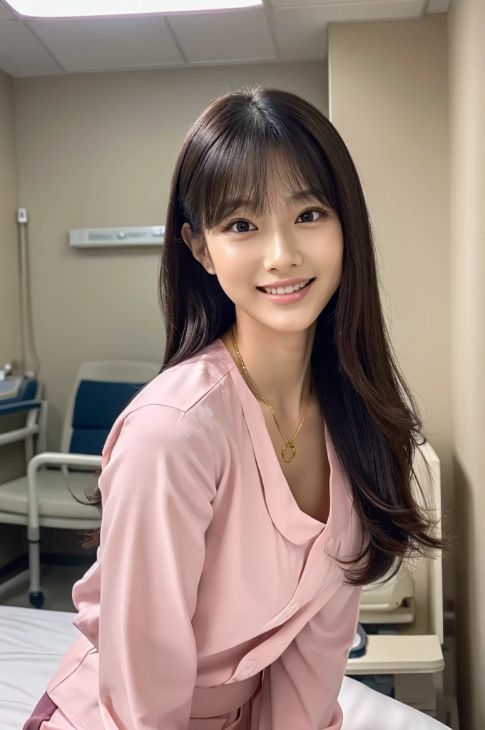 Hospital room, nurse, ((full body)), ((photo)), ((best qualtiy, 8K, tmasterpiece: 1.3)), Focus: 1.2, perfect figure beautiful girl: 1.4, 1girl, cowboy shot, look at viewer, eyes facing the camera, incredibly absurd, beautiful and cute girl with a photorealistic face, showcasing top-quality craftsmanship, Japanese woman taking care of patients in a hospital room, 23 years old, long hair parted in the middle, long layered bangs, silky hair quality, thick and voluminous style, beautiful features, amber eyes, long eyelashes, thin eyebrows, beautiful bridge of the nose, small nose, plump and elegant pink lips, fair skin, high cheekbones, cute smile, clean jawline, beautiful nape, long neck, 163cm height, long limbs, delicate, slender, well-balanced proportions, beautiful C-cup breasts, pink blouse and pink pants nurse uniform, nurse shoes, gold ring and necklace, beautiful, neat, refined, elegant, soothing, pretty older sister, long legs, kind, strong-willed, passionate, proactive, hardworking, gains the trust of those around her, October