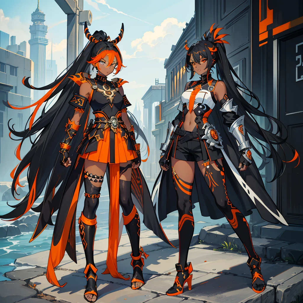 (((conceptual artwork))), (((one caracter))), female, (((darkskin)))), Black hair with ponytail, clear blue eyes, Round glasses with slightly dark lenses, this lens being orange, and the Light Blue frame, ((Black metallic gauntlets and greaves with orange and silver highlights)), (((The clothes have a mix of modern and tribal))), (((The clothes have a mix of modern and tribal))),  mainly black in color, but having Orange Parts, Shoulders exposed, On the Hip, a Short that extends to Half the Thigh in black.(((one caracter))), female, (((darkskin)))), Black hair with ponytail, clear blue eyes, Óculos redondos com uma pequena lente escura this lens being orange, and the Light Blue frame, (((Black metallic gauntlets and greaves with orange and silver highlights)), (((The clothes have a mix of modern and tribal)))), Having mainly black color, but having orange pieces, Shoulders on display, On the Hip one Shorts extending to Half Thigh in black.
