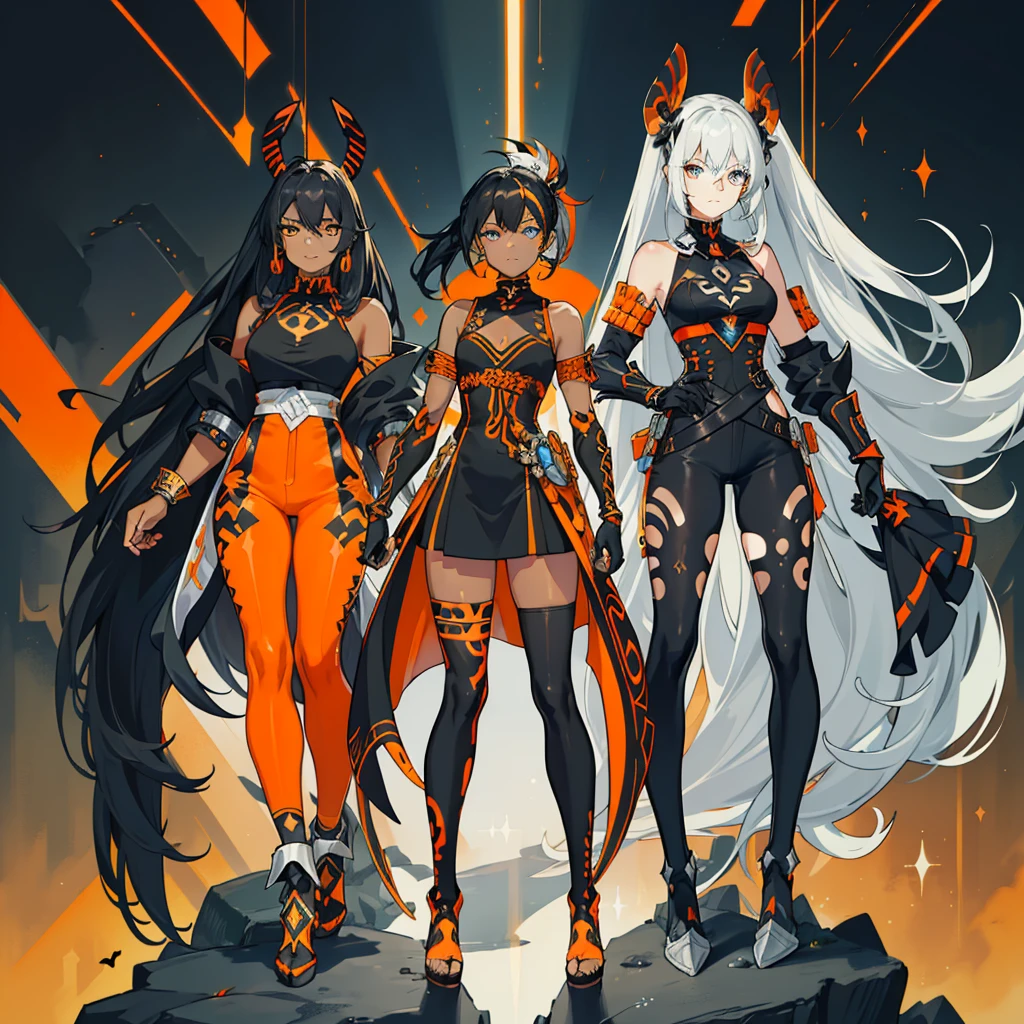 (((conceptual artwork))), (((one caracter))), female, (((darkskin)))), Black hair with ponytail, clear blue eyes, Round glasses with slightly dark lenses, this lens being orange, and the Light Blue frame, ((Black metallic gauntlets and greaves with orange and silver highlights)), (((The clothes have a mix of modern and tribal))), (((The clothes have a mix of modern and tribal))),  mainly black in color, but having Orange Parts, Shoulders exposed, On the Hip, a Short that extends to Half the Thigh in black.(((one caracter))), female, (((darkskin)))), Black hair with ponytail, clear blue eyes, Óculos redondos com uma pequena lente escura this lens being orange, and the Light Blue frame, (((Black metallic gauntlets and greaves with orange and silver highlights)), (((The clothes have a mix of modern and tribal)))), Having mainly black color, but having orange pieces, Shoulders on display, On the Hip one Shorts extending to Half Thigh in black.
