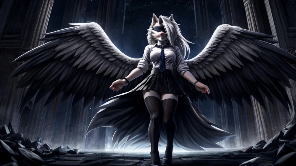 Loona from Helluva Boss, female white wolf, anthro, white hair, blindfold, grey angel wings, torturer angel, adult, tall female, white shirt with tie, black skirt with black pantyhose, standing, serious, detailed, solo, beautiful, high quality, lifting on air, floating, summoned chains, night, dark, omnious, 4K