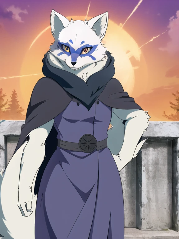 Alopex, arctic fox, furry, blue mark, tmnt, smile  orange eyes, girl1, solo, park, cit, black cape, cloak, robe, best quality, masterpiece, 