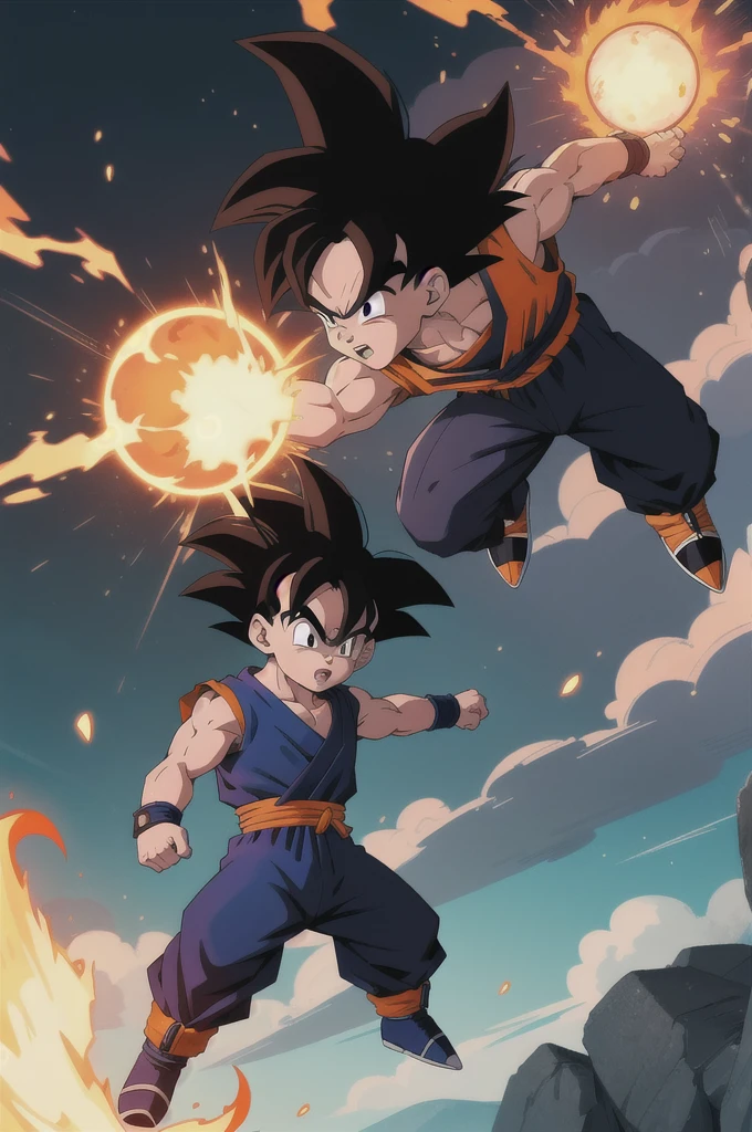 Manga style, illustration, line art style, high quality, manga masterpiece, highres, very detailed, digital illustration, small ??? Goku, Dragonball, black hair, spiked hair, real goku clothes orange color, black belt and black shoes, fire ball, Goku destroying Vegeta in a combat, dougi, outdoors,fighting,