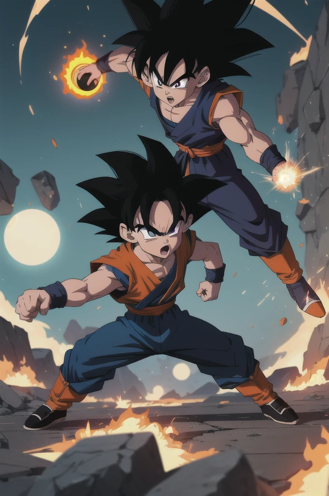 Manga style, illustration, line art style, high quality, manga masterpiece, highres, very detailed, digital illustration, small Kid Goku, Dragonball, black hair, spiked hair, real goku clothes orange color, black belt and black shoes, fire ball, Goku destroying Vegeta in a combat, dougi, outdoors,fighting,