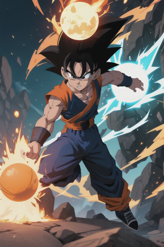 Manga style, illustration, line art style, high quality, manga masterpiece, highres, very detailed, digital illustration, small ??? Goku, Dragonball, black hair, spiked hair, real goku clothes orange color, black belt and black shoes, fire ball, Goku destroying Vegeta in a combat, dougi, outdoors,fighting,