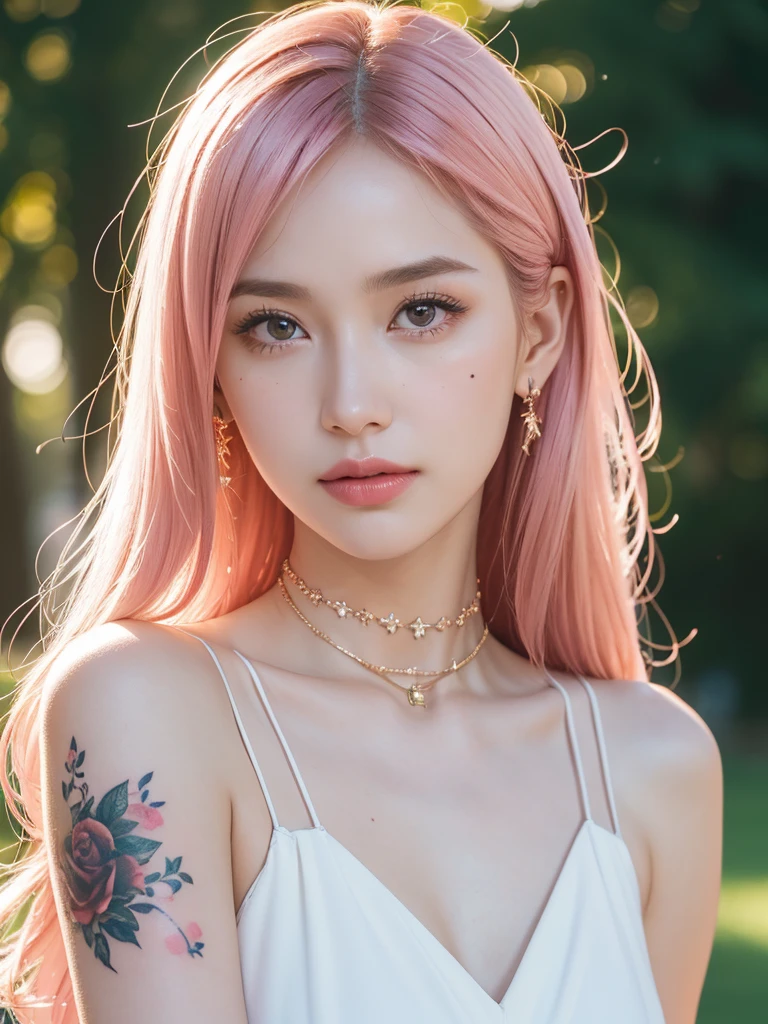 1girl, alone, solitary, high quality, (best quality,4k,8k,highres,masterpiece:1.2),ultra-detailed,(realistic,photorealistic,photo-realistic:1.37),gorgeous hair,pink hair, pink long straight hair with bangs, rose gold hair, puffy eyes,mole on the cheek,plump lips,jewelry,(high detailed skin:1.4),(rim lighting:1.3),(lit:1.3),(sunny day:1.3),portrait,beautiful lips,waist-length hair,seductive gaze,moles,sundress,pastel dress,short dress,close up,really long hair,choker necklace, tattoos,tattooed,light eyes,bangs,fringe