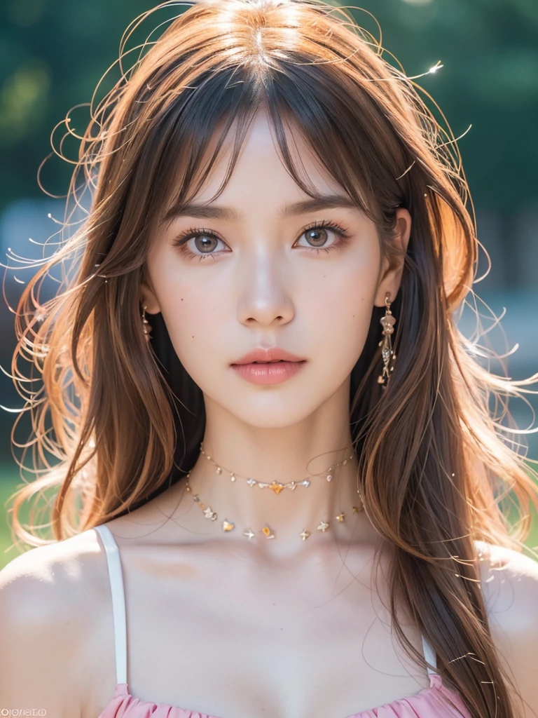 1girl, alone, solitary, high quality, (best quality,4k,8k,highres,masterpiece:1.2),ultra-detailed,(realistic,photorealistic,photo-realistic:1.37),gorgeous hair,pink hair, pink long straight hair with bangs, rose gold hair, puffy eyes,mole on the cheek,plump lips,jewelry,(high detailed skin:1.4),(rim lighting:1.3),(lit:1.3),(sunny day:1.3),portrait,beautiful lips,waist-length hair,seductive gaze,moles,sundress,pastel dress,short dress,close up,really long hair,choker necklace, tattoos,tattooed,light eyes,bangs,fringe
