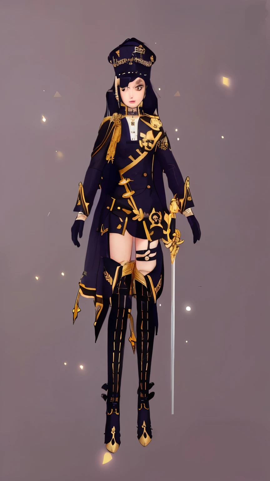 blurred image of a woman dressed in a black and gold outfit, gilded black uniform, wearing a noble black suit, costume clothing, black and gold armor, gilded outfit, black and gold armor, inspired by Li Chevalier, magic uniform, astral witch clothes, soldier clothing, clothing design, in dark robes with gold accents, clear clothing design