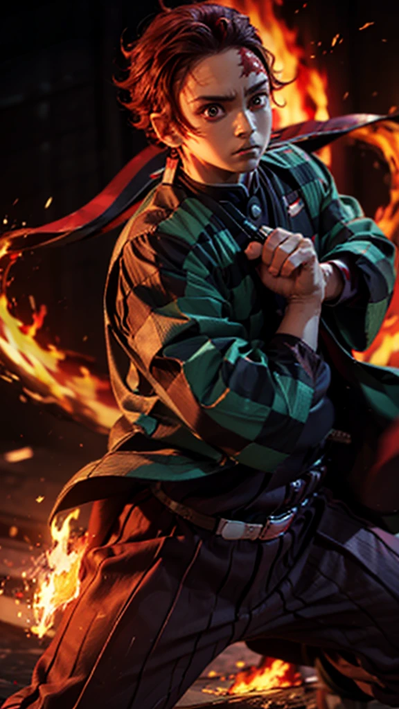 (Tanjiro), (OriginalOutfit), (ScarScar on forehead Checkered Clothes 1Boy Red Hair) realistic, detailed eyes,holding a katana, fire background effect,in attack position