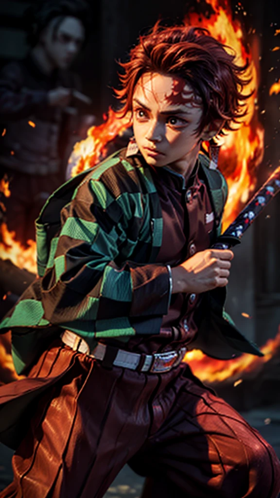 (Tanjiro), (OriginalOutfit), (ScarScar on forehead Checkered Clothes 1Boy Red Hair) realistic, detailed eyes,holding a katana, fire background effect,in attack position