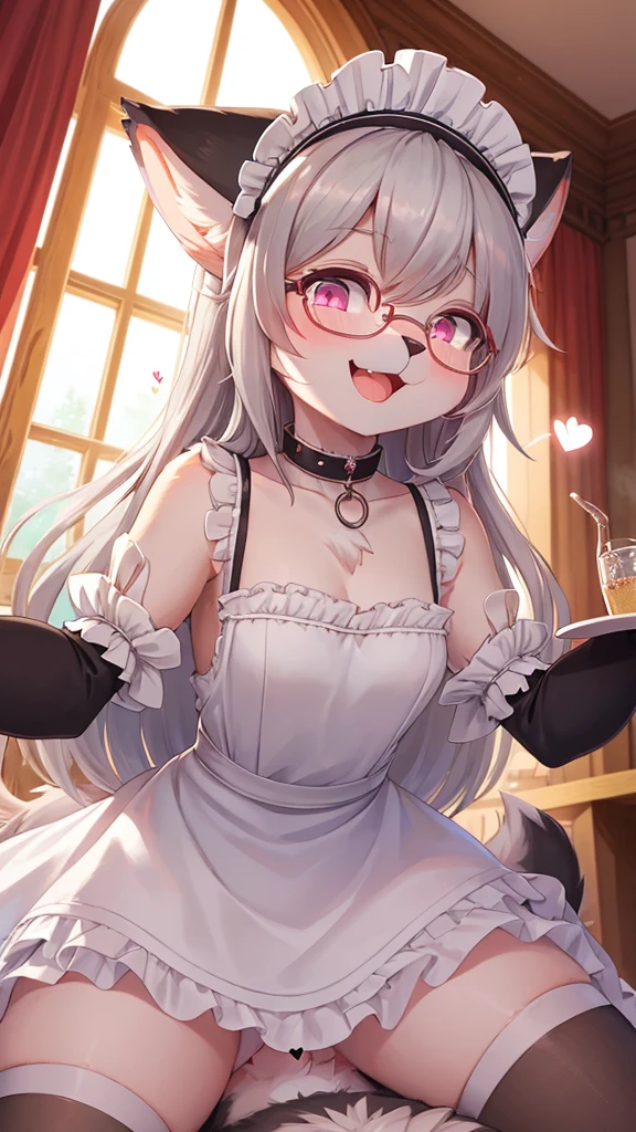 best quality,best resolution,(fluffy anthro furry :1.6),(young :1.6),cat girl,small breasts,light grey hair,long hair,wavy hair,curvy hair,light grey fur,pink eyes,glistering eyes,sparkle eyes,circle glasses,heart collar,maid outfit,maid headdress,maid gloves,ruffles,beautiful cafe,white light,looking at viewer,full face blush,horny face,smile,heart eyes,heart expression eyes,open mouth,straddle viewer,girl on top,low angle,front view,heavy breath,hands on viewer