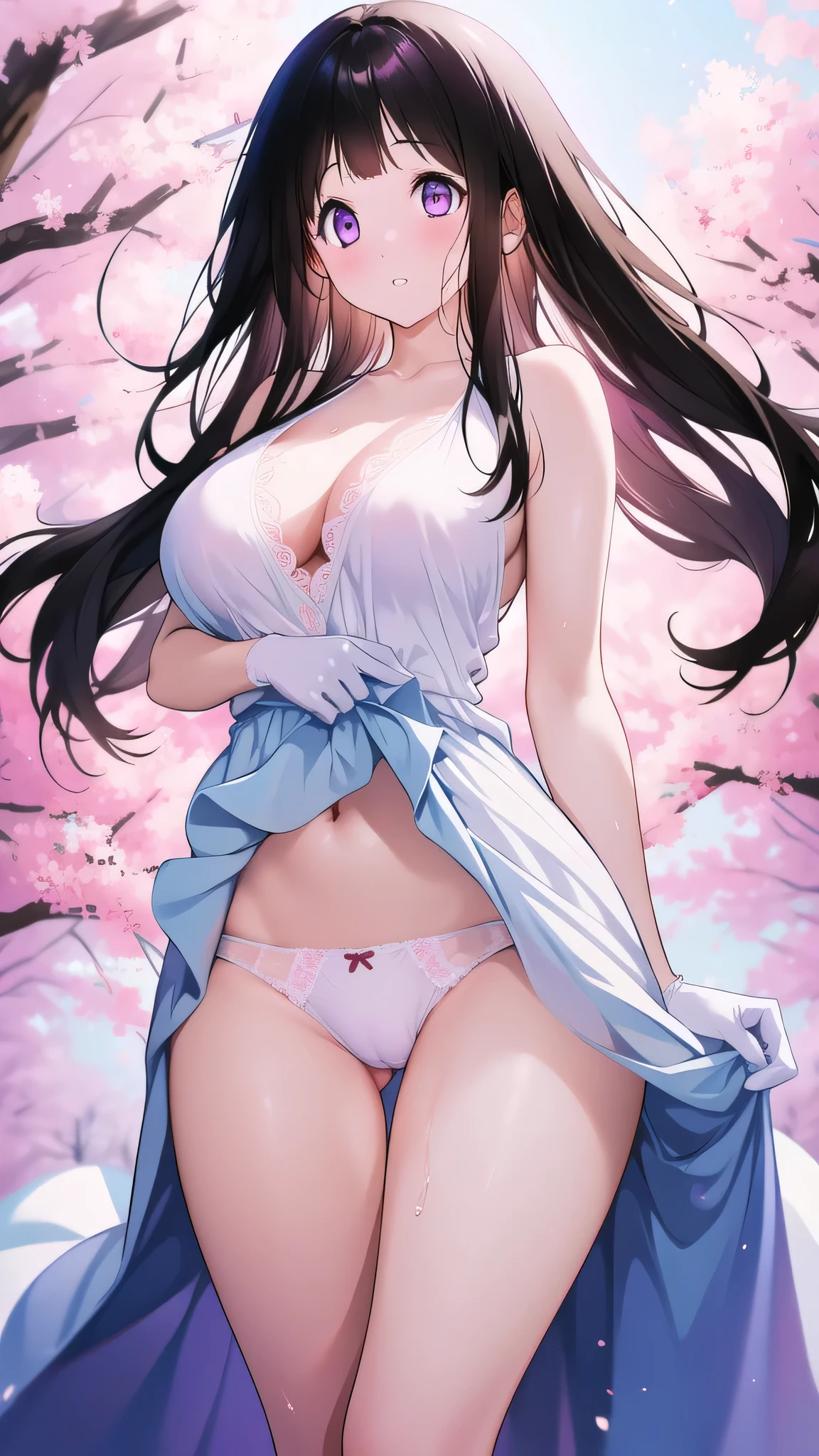 Amazing Chitanda, There is only one beautiful girl,Purple Eyes, Black Hair, Very red face,Very white skin,Glowing skin,Skin as delicate as porcelain,Naturally straight hair, Straight bangs,Extremely refined,Open lips,Long flowing hair,Beautiful Girl, Like a dream,Slim,Slim waist,soft, (sensuous), (Kawaii), Dream quality,Beautiful big breasts,Transparent loose school uniform,areola,Completely naked,Lower edge of breast,White gloves,Flower decoration,Deep V neckline,Loose neckline,Lace-up,Wide neckline,Walking in school,Place your hands on your inner thighs,Thighs clamp hands,Wet skin,Sweaty and sweaty,Sweating all over,Underwear Rain,Next to the cherry blossom trees,Back to,Lean over,Hips,Side body,Gluteal groove,Completely naked buttocks,Bare back,Completely naked back,Light transmission,(no pants),nopan,pussy juice,Bare shoulders,Bare neck,Exposed collarbone,Exposing breasts,Exposing breasts side,Exposing breasts,Show your waist,Show your buttocks,Show your thighs,Exposing the groin,(No pants),extremely shy,Ultra-high resolution, (masterpiece:1.2, best quality), (Delicate and beautiful eyes: 1.2), (Beautiful and delicate face)