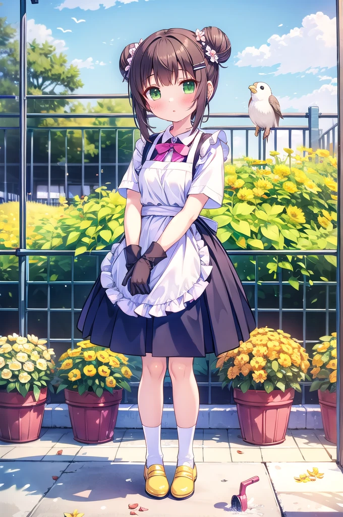 (Masterpiece), 1 girl, Alone, ANIMAL, white flower, shirt, orejas de ANIMALes, flower, very wide, collared shirt, Bun, socks, wide, black socks, gloves, green eyes, apron, tenure, session, hair ornament, blush, Chapped lips, hits, looking at the viewer, cola, yellow flower, pink shoes, white shirt, pelusa de oreja de ANIMAL, Brown hair, bird, up to the knee, whole body, Skirt, rosa, Potted plant, double bun, watering can, Hair clip, shoes, grey Skirt