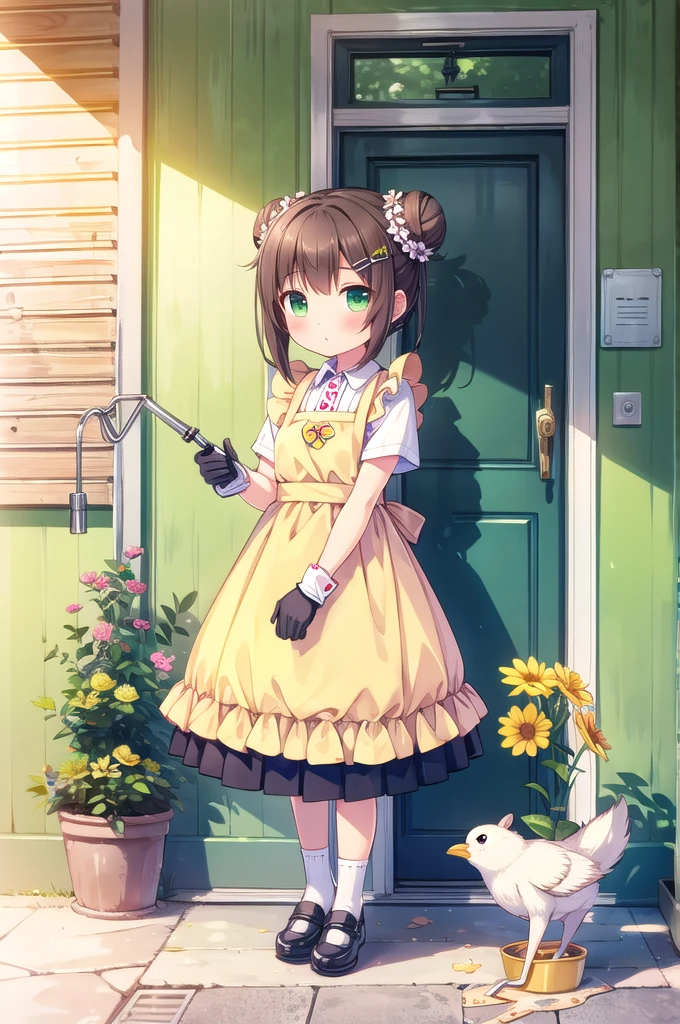 (Masterpiece), 1 girl, Alone, ANIMAL, white flower, shirt, orejas de ANIMALes, flower, very wide, collared shirt, Bun, socks, wide, black socks, gloves, green eyes, apron, tenure, session, hair ornament, blush, Chapped lips, hits, looking at the viewer, cola, yellow flower, pink shoes, white shirt, pelusa de oreja de ANIMAL, Brown hair, bird, up to the knee, whole body, Skirt, rosa, Potted plant, double bun, watering can, Hair clip, shoes, grey Skirt
