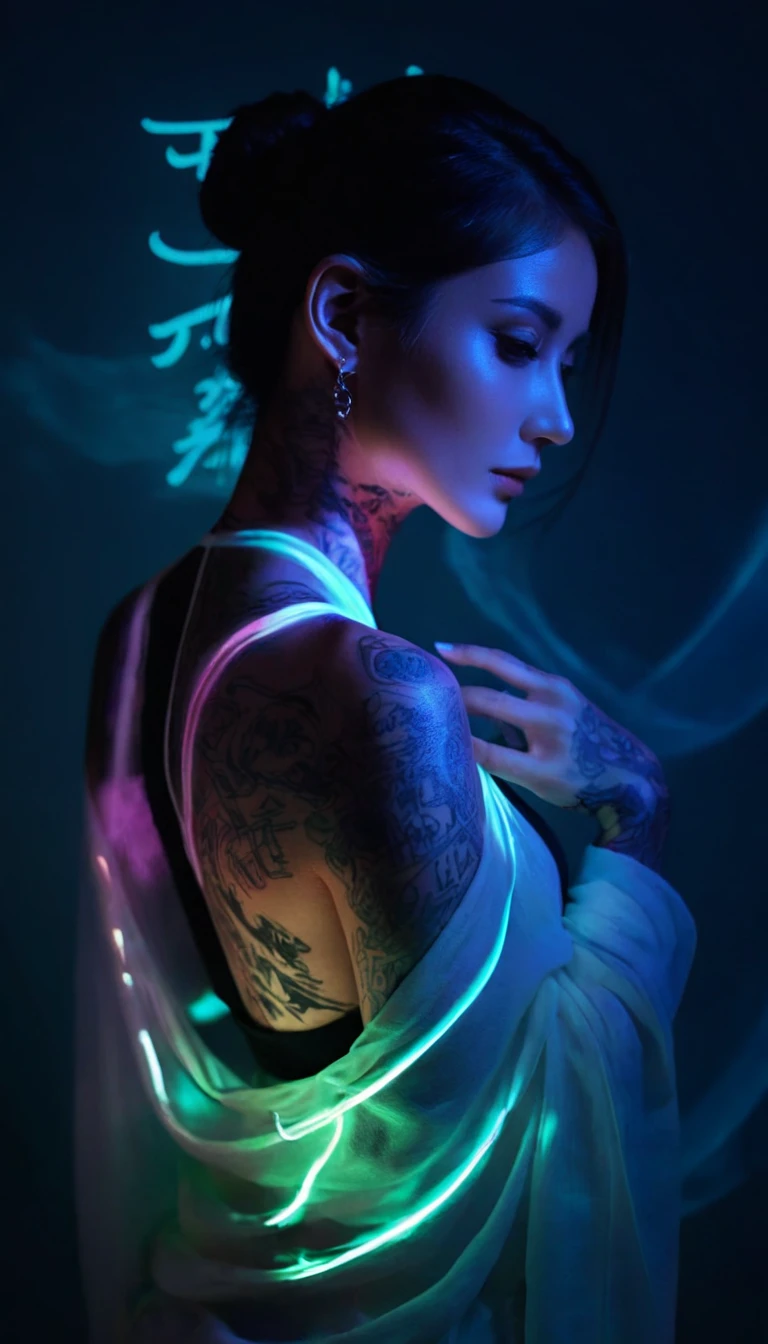 Double Exposure Style,Volumetric Lighting,a girl (Supermodel) with Wrap top,arching her back, beautiful tattoo (neon light), Traditional Attire,Artistic Calligraphy and Ink,light depth,dramatic atmospheric lighting,Volumetric Lighting,double image ghost effect,image combination,double exposure style,