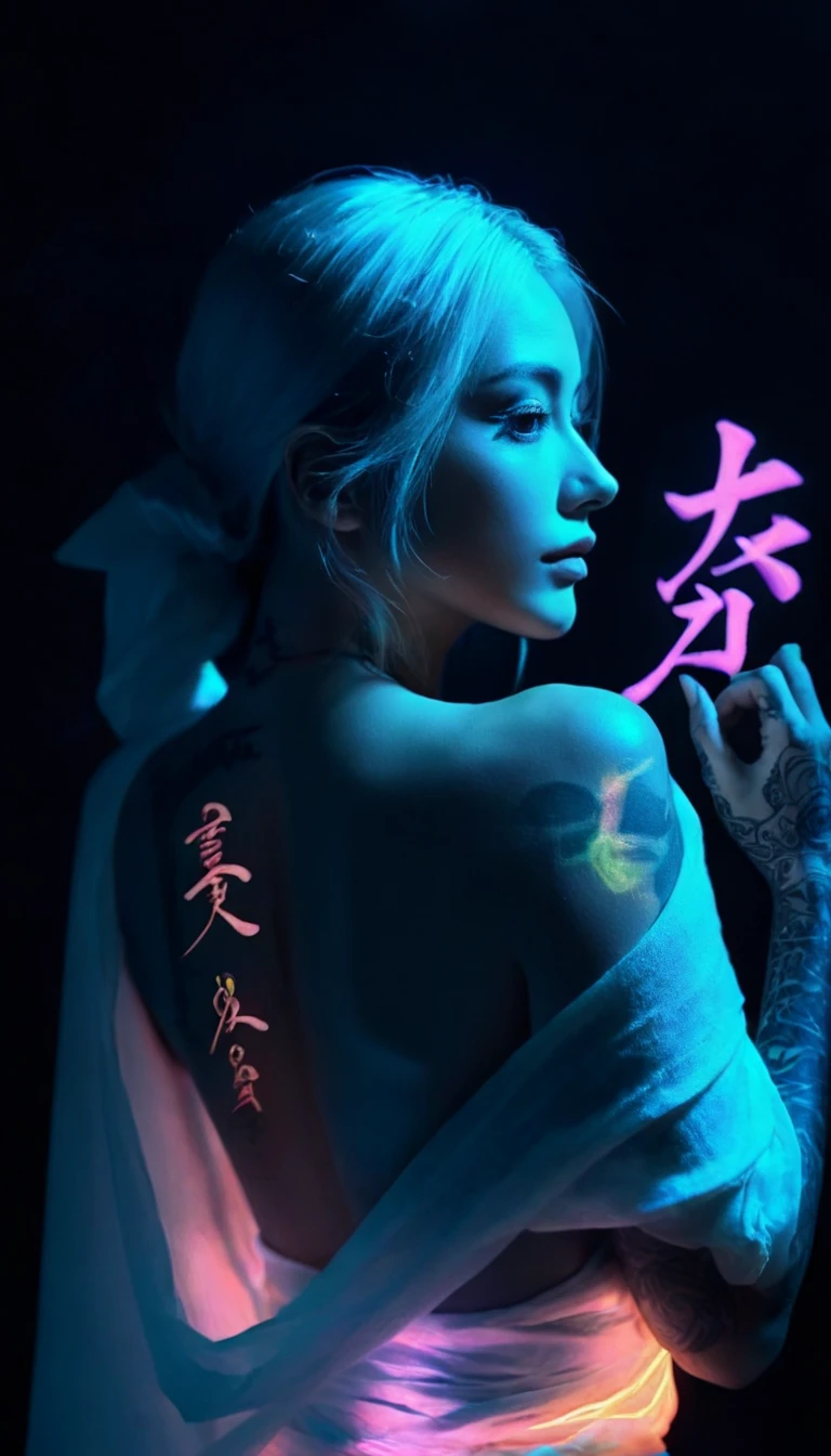 Double Exposure Style,Volumetric Lighting,a girl (Supermodel) with Wrap top,arching her back, beautiful tattoo (neon light), Traditional Attire,Artistic Calligraphy and Ink,light depth,dramatic atmospheric lighting,Volumetric Lighting,double image ghost effect,image combination,double exposure style,