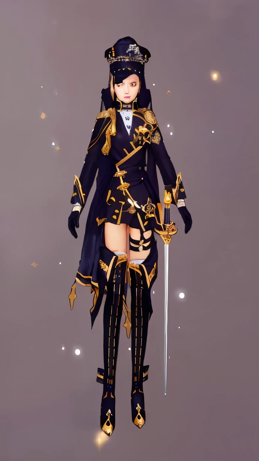 blurred image of a woman dressed in a black and gold outfit, gilded black uniform, wearing a noble black suit, costume clothing, black and gold armor, gilded outfit, black and gold armor, inspired by Li Chevalier, magic uniform, astral witch clothes, soldier clothing, clothing design, in dark robes with gold accents, clear clothing design