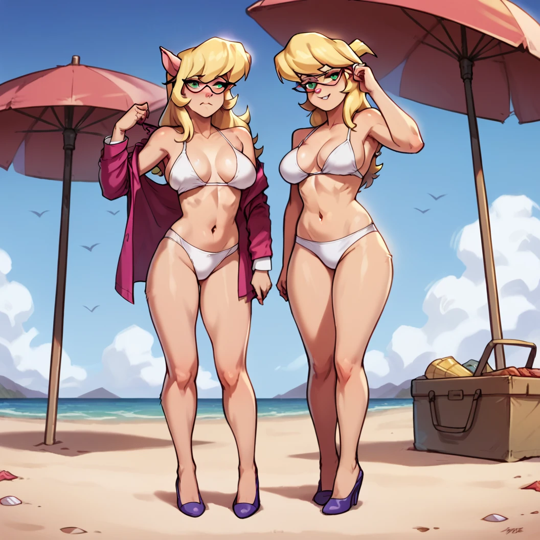 2girls, clones, Callie Briggs, detailed, detailed fur, wardrobe malfunction, legs, purple heels, blonde hair, eyes open, beach, glasses, thicc thighs, standing, white panties ripping at side seams, white bikini bottom ripping at side seams, worried