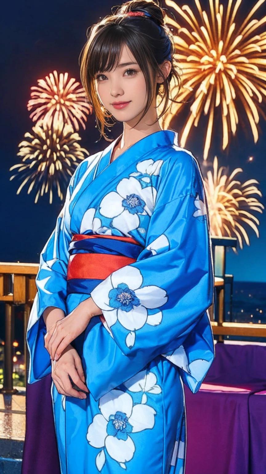 ((masterpiece)),(((Highest quality))),((Character design sheet)),A Japanese yukata with a bright floral and flower pattern in a combination of light blue and navy blue.:1.5，Stylish sandals:1.5，The best smile:1.5，Upper Body Shot:1.5，Night fireworks background:1.5，Flashy makeup with red eyeshadow:1.5，Bun Hair:1.5，